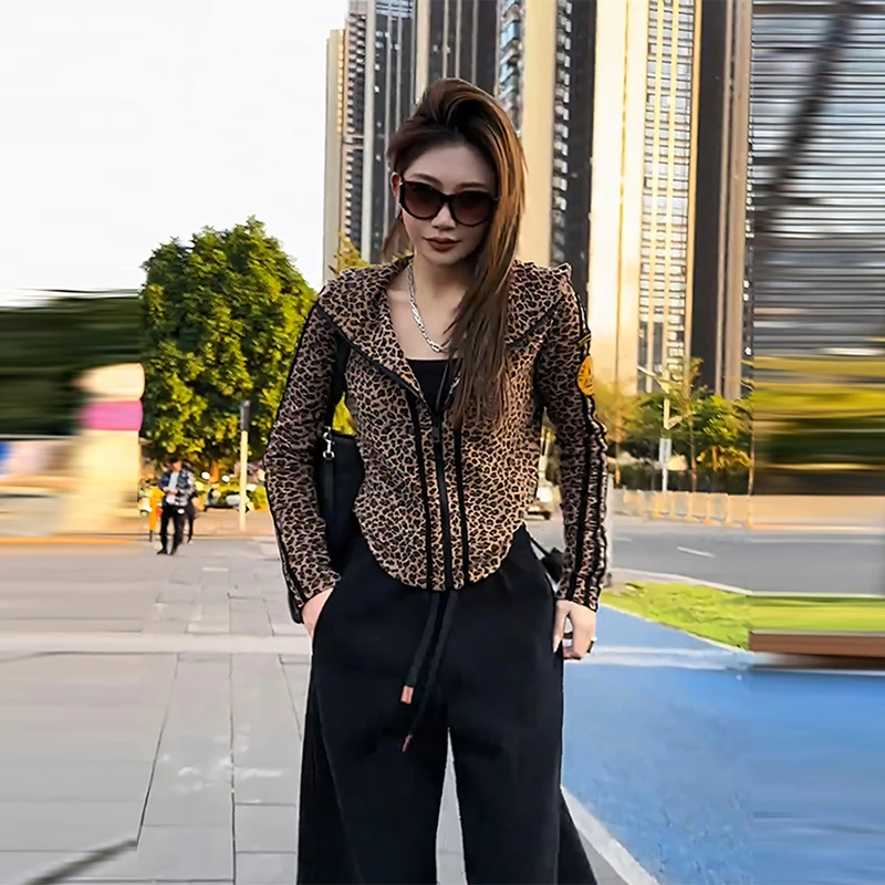 美式高街复古U型下摆设计感连帽卫衣2025新款豹纹长袖开衫上衣女