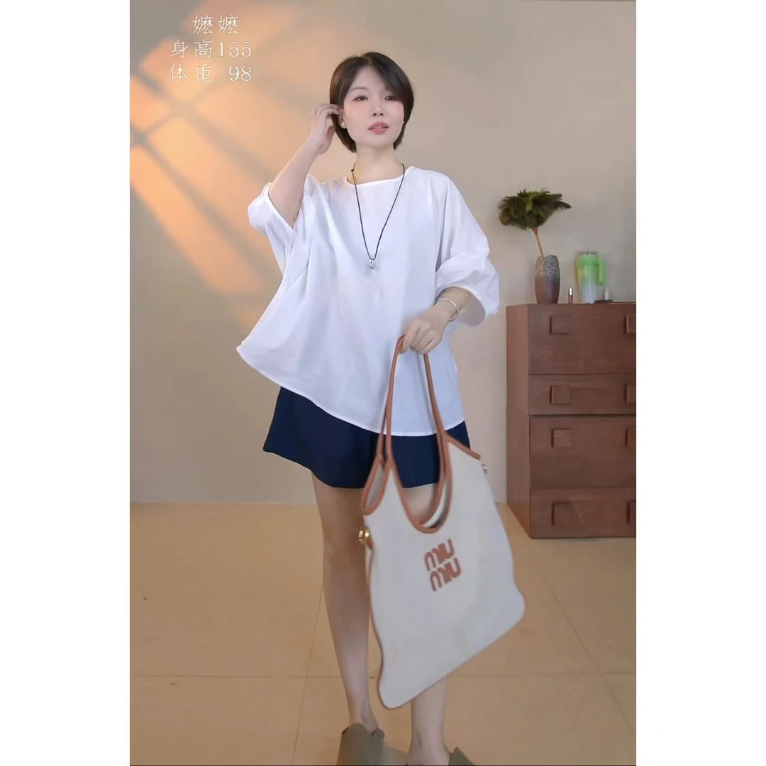 文艺圆领纯棉衬衫女夏季薄款套头小衫宽松显瘦休闲五分袖体恤上衣