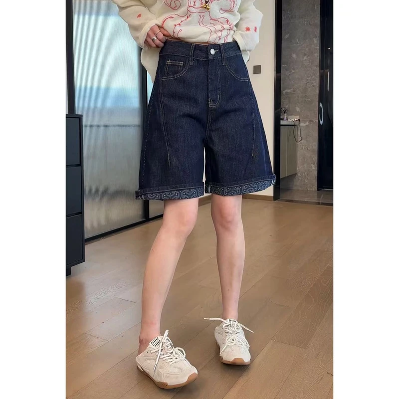 2025年夏款极简百搭立体剪裁翻边五分牛仔短裤大码mm高腰显瘦中裤