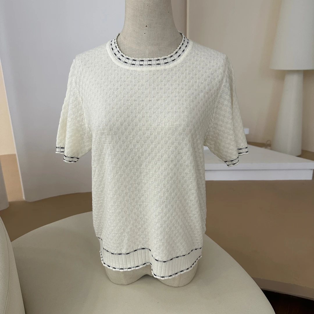 【120支扬子纱～大码福音】100纯羊毛纹理撞色小香风针织短袖上衣