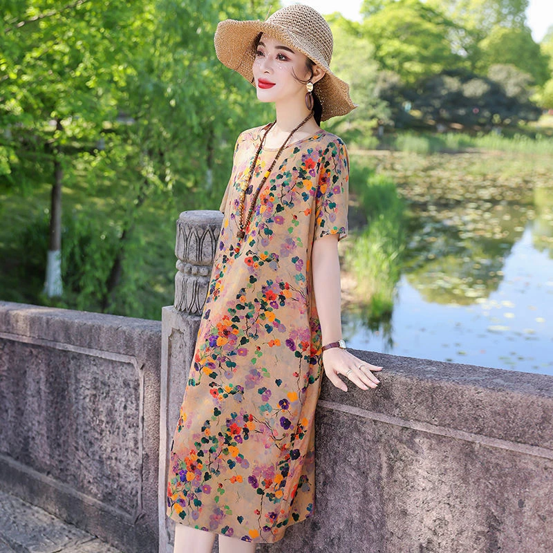 新款气质中老年棉绸连衣裙夏季显瘦大码宽松碎花妈妈短袖时尚裙子