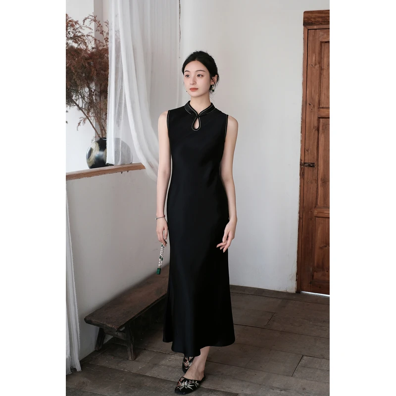 盛唐婧| 新中式旗袍领修身鱼尾连衣裙新款国风锦绣旗袍女装