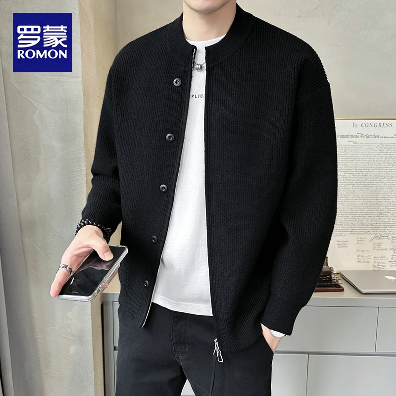 罗蒙秋季百搭男装时尚潮流纯色亨利领开衫毛衣时尚休闲修身男外套