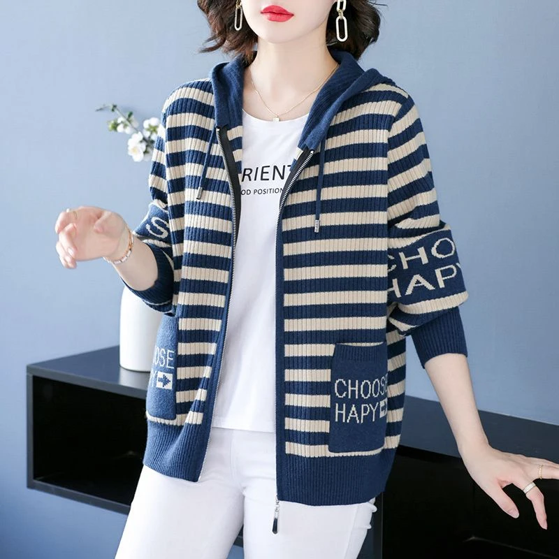 100%高端羊毛衫开衫女新款春秋上衣连帽针织衫卫衣条纹毛衣外套女