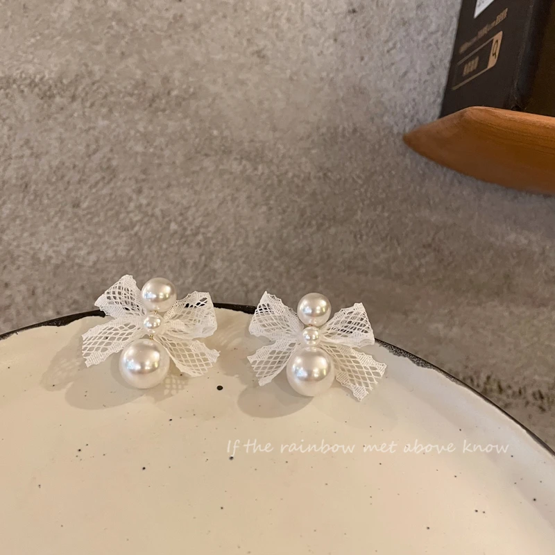 合金布艺耳饰 蕾丝蝴蝶结珍珠耳环2025新款爆款温柔耳钉女法式