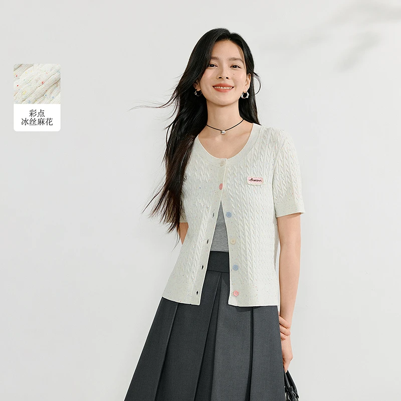 【一秒入夏】茵曼夏季彩点冰丝麻花薄款针织衫圆领宽松短袖上衣