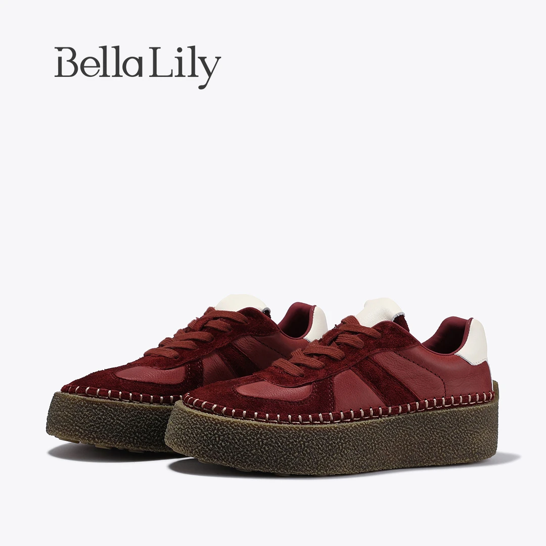 BellaLily2025秋季新款复古酒红色牛皮德训鞋女厚底增高鞋蓬蓬鞋