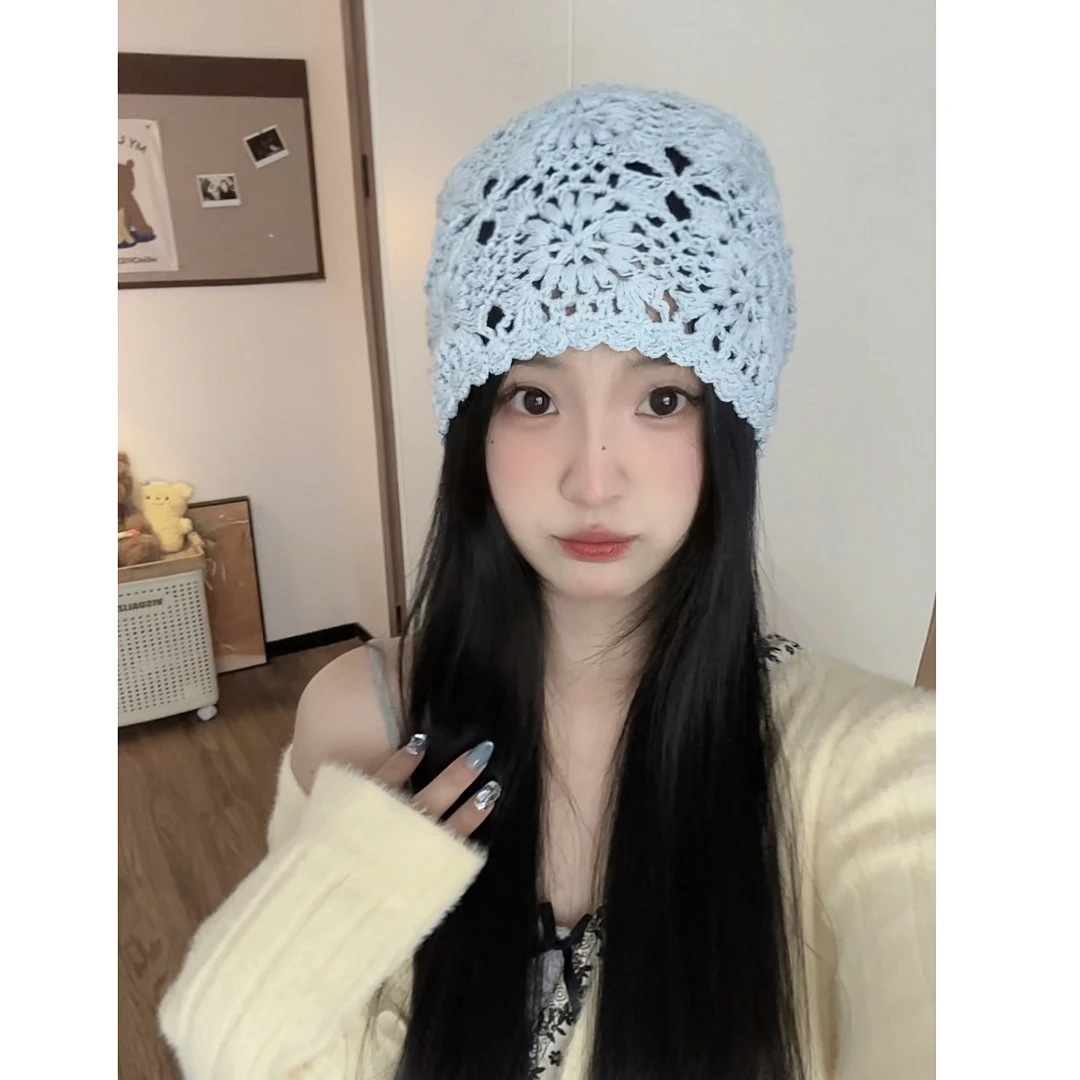 小鞠同款手工编织包头帽女春秋薄款镂空时尚帽复古文艺针织堆堆帽