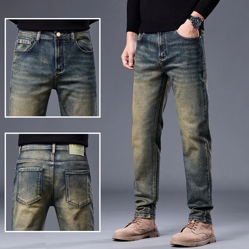 2025秋季新款牛仔裤男士复古高端潮流修身直筒时尚百搭弹力长裤子