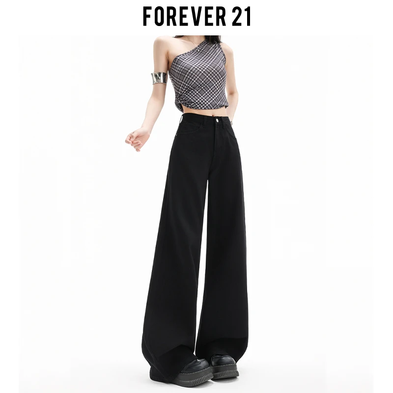 Forever 21美式黑色高腰阔腿牛仔长裤女新款梨形显瘦直筒拖地裤子