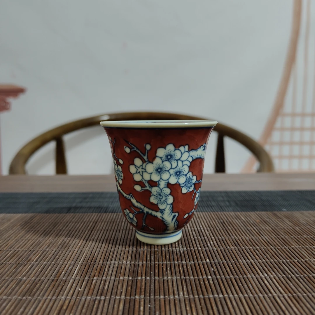 景德镇青花釉里红手绘冰梅闻香杯黄稀土柴窑手绘品茗杯主人杯