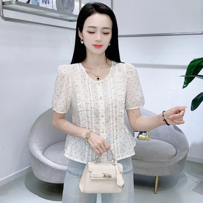 A8315-2法式圆领短袖衬衫女夏季新款时尚百搭气质显瘦小衫上衣