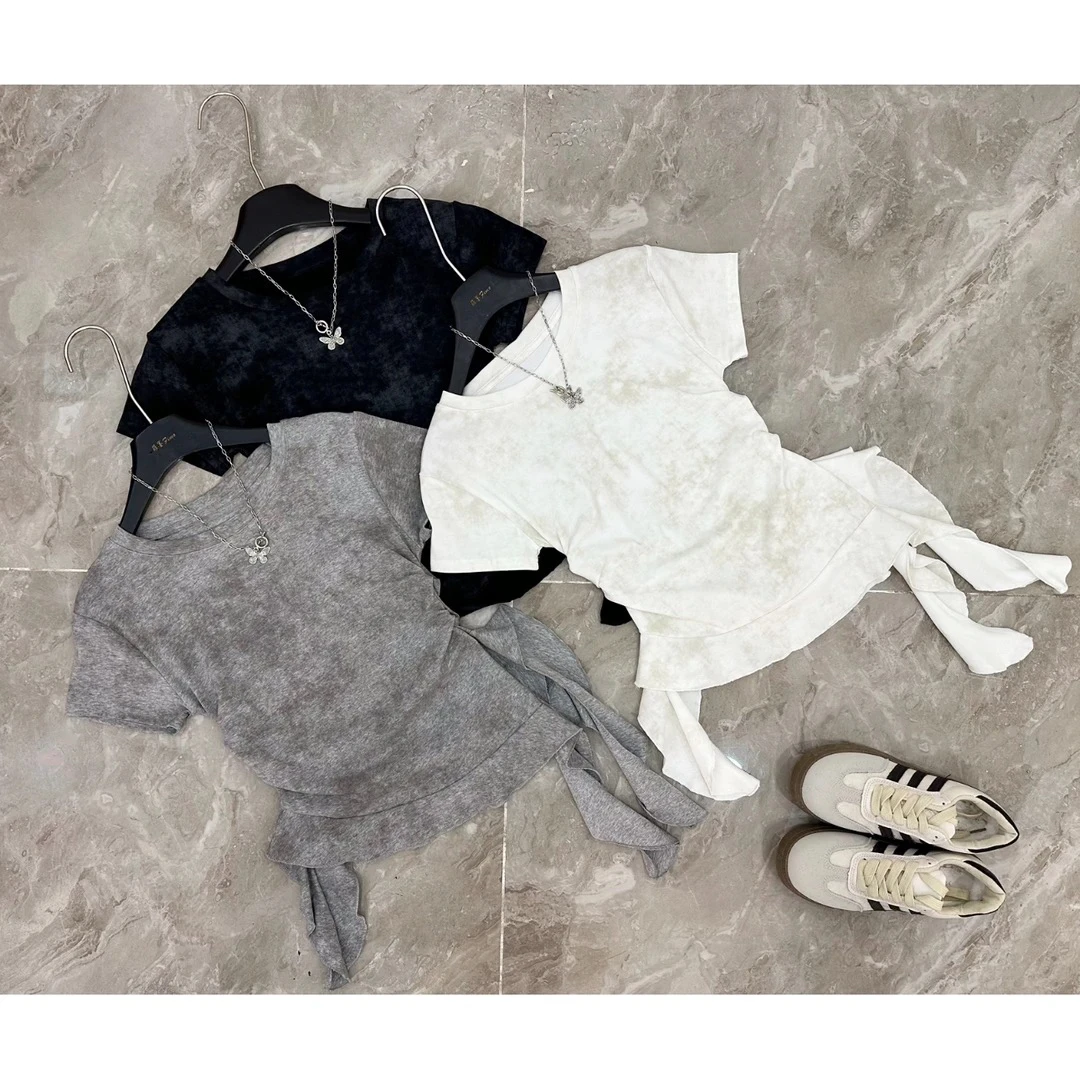 2025新款美式晕染辣妹短袖t恤女夏圆领修身显瘦不规则荷叶边上衣