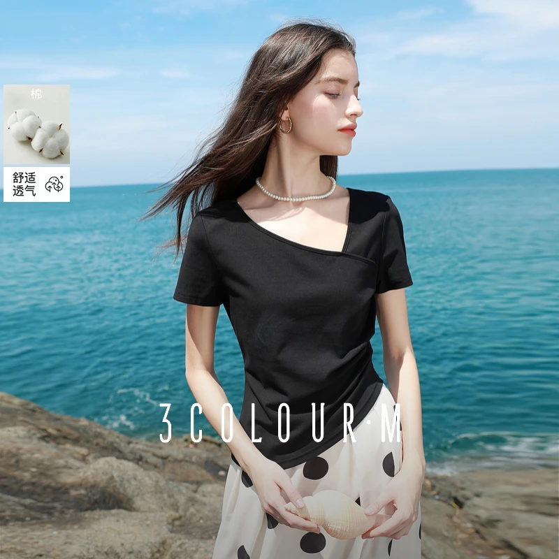 【海豚专属】三彩2025夏季新款不对称斜领T恤正肩短袖设计感上dbx