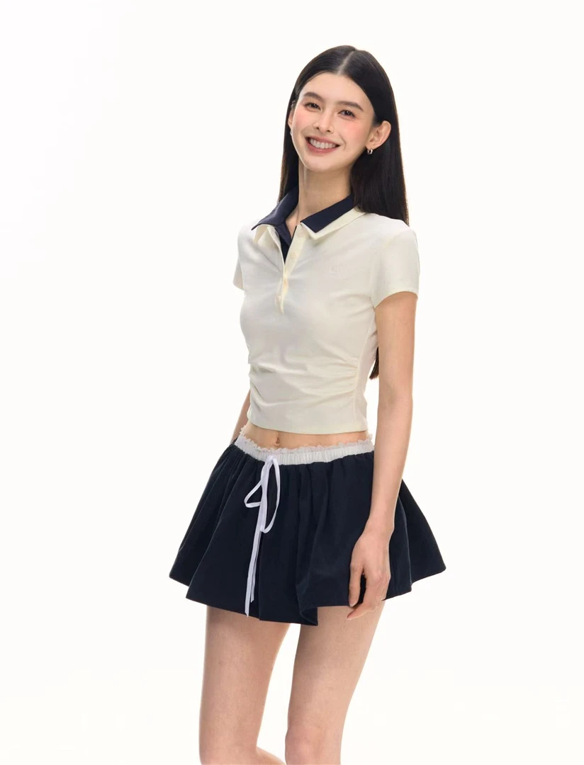 【CHUN ZI】凉感复古短袖假两件polo上衣蕾丝蓬蓬裙套装