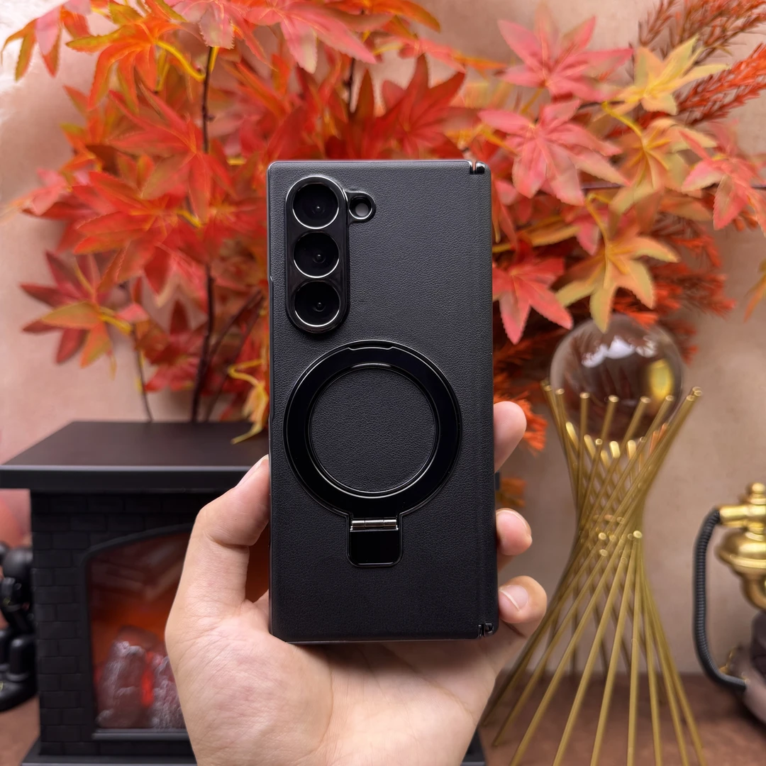 适用三星zfold6手机壳高档皮纹zfold345电镀w23W24支架壳膜一体男