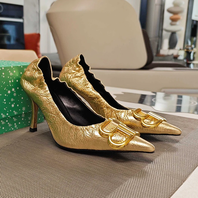 高档尖头细跟高跟鞋不累脚舒适真皮超软小羊皮浅口褶皱单鞋女新款