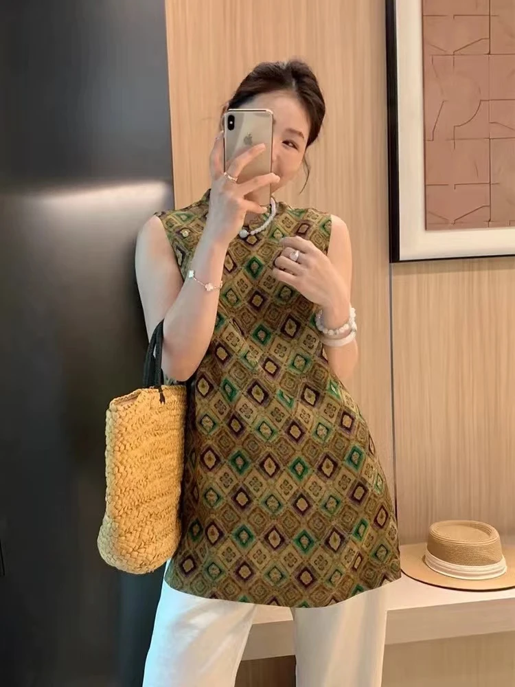 【菱格】复古轻奢圆领无袖中长马甲女夏季心新款新中式提花上衣