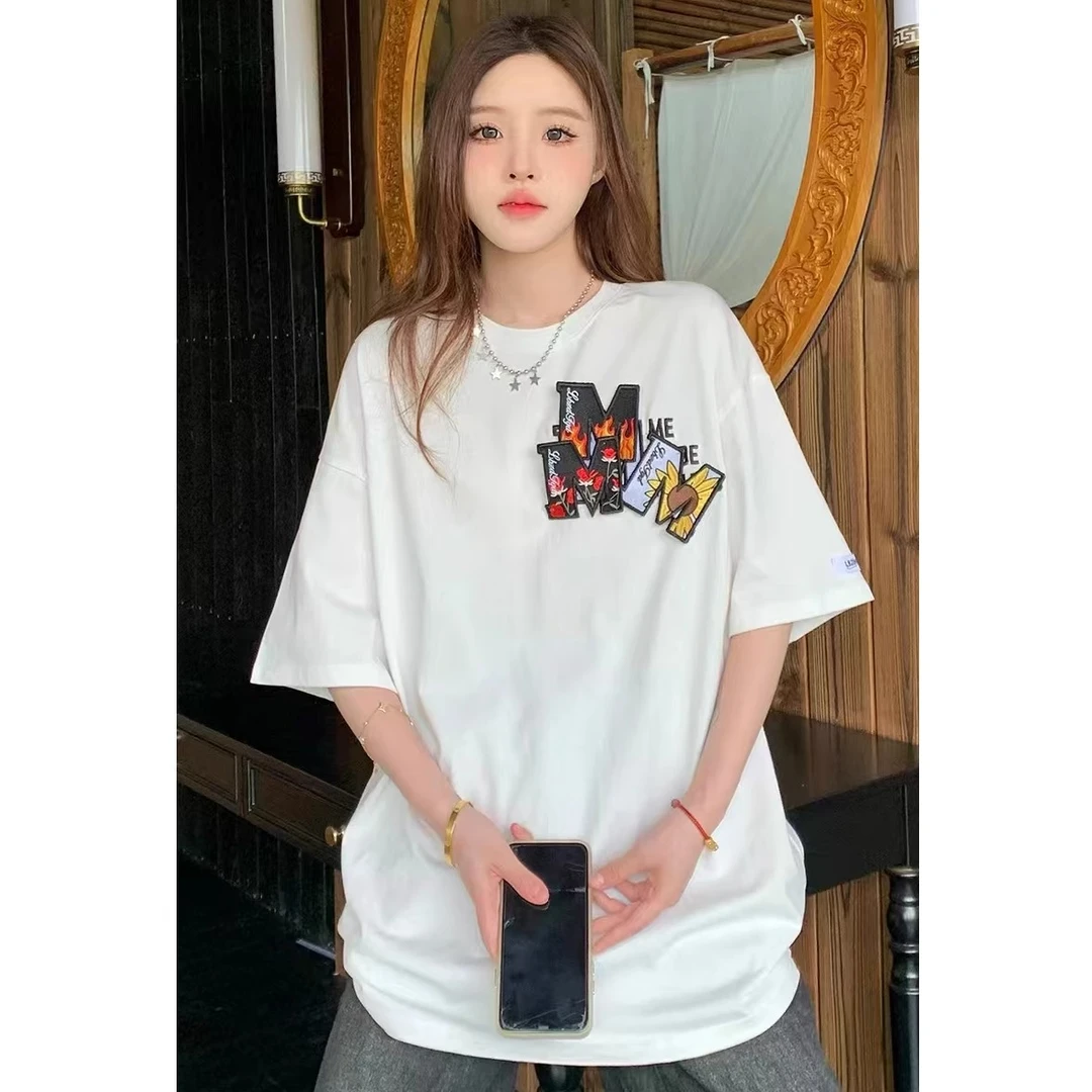 LIGGICC美式字母设计感刺绣短袖T恤男女国潮牌夏季情侣上衣tee