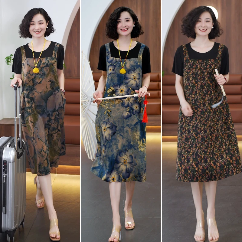 大码薄款时尚宽松印花假两件中老年遮肚显瘦120-140斤微胖显瘦裙
