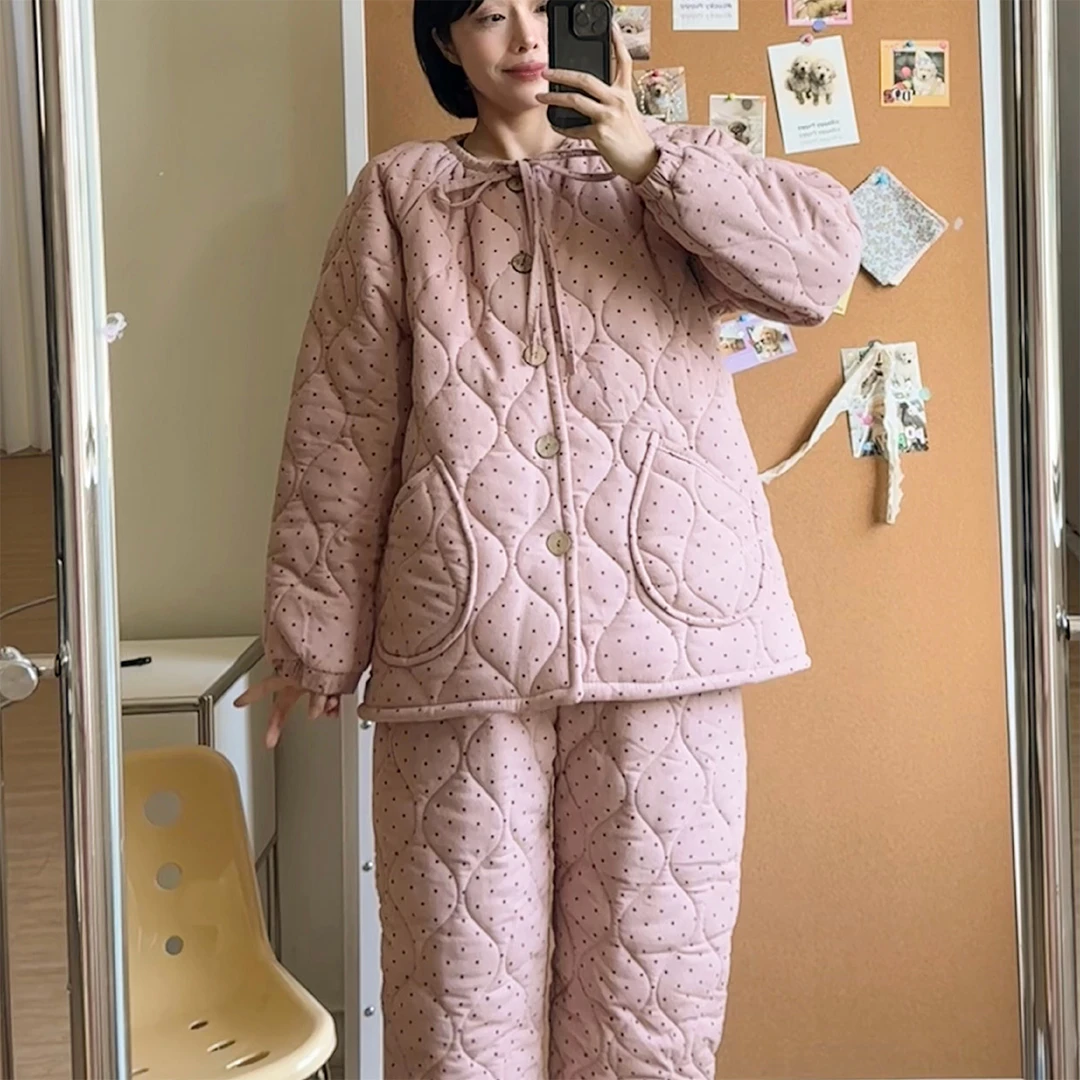 秋冬季睡衣女士三层夹棉加厚保暖甜美碎花宽松大码家居服套装冬季