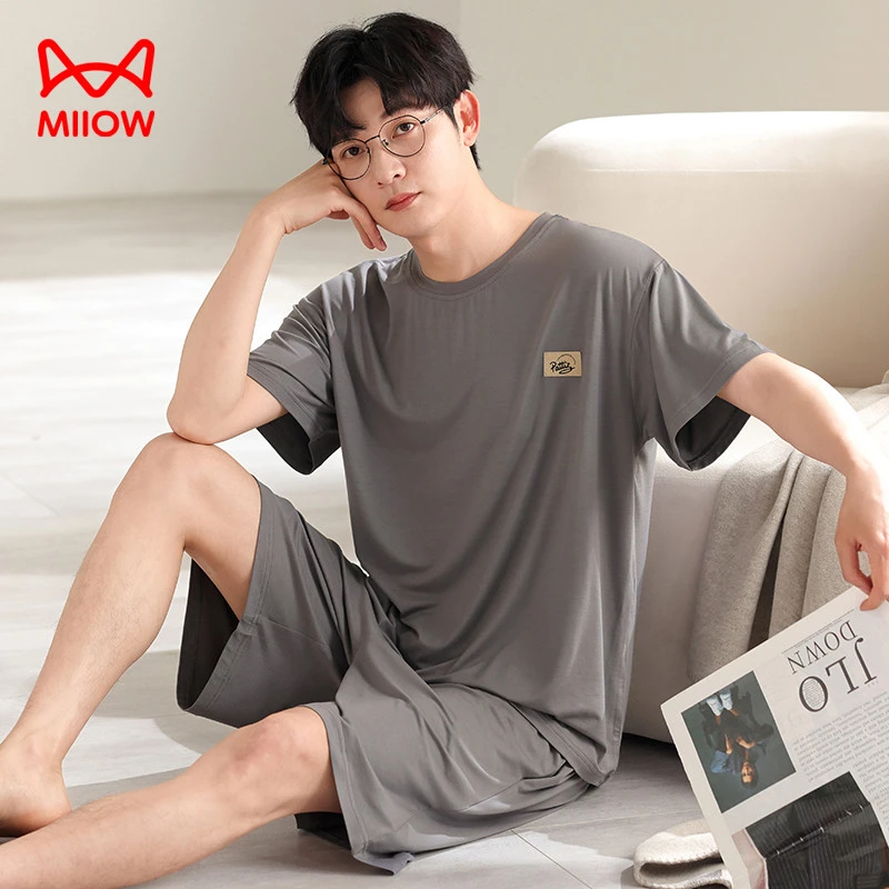 猫人莫代尔男士睡衣夏季薄款短袖短裤冰丝凉感大码套装简约家居服