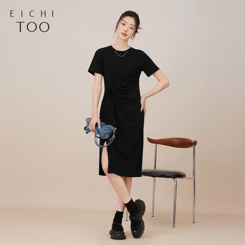 夏季新款时尚休闲中长款开叉收腰显瘦女士连衣裙