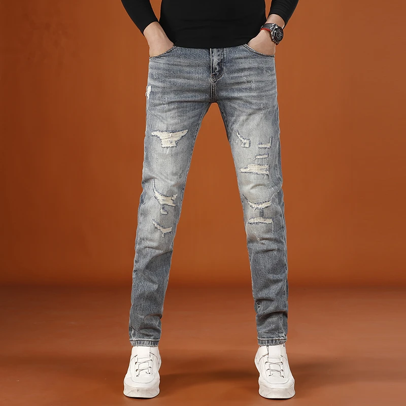 潮流破洞牛仔裤男款修身小脚裤爆款2025新款秋冬弹力休闲男士裤子