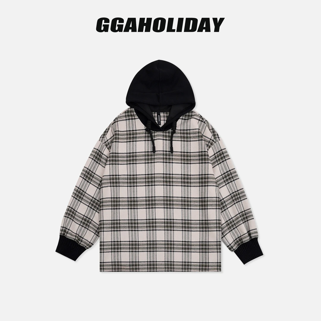 【上新】GGAHOLIDAY秋运动休闲宽松百搭显瘦黑杏格连帽卫衣-153117