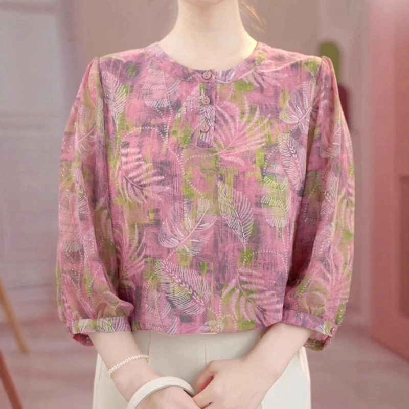 气质女夏季粉色树叶圆领小衫薄款妈妈装洋气衬衫时尚减龄花色上衣