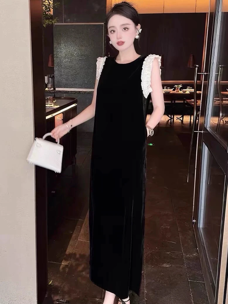 法式撞色拼接木耳花边丝绒裙设计感轻奢高端宴会气质连衣裙