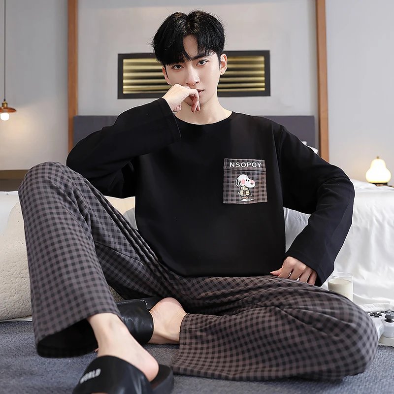 春秋季可外穿睡衣男士长袖格子长裤加肥加大码休闲套装家居服圆领