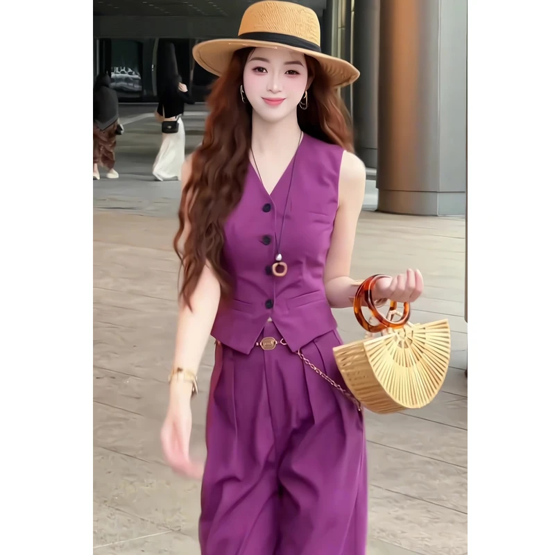 大方得体穿搭一整套2025夏季新款气质无袖马甲阔腿长裤时尚套装女