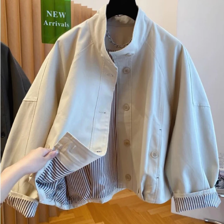 欧货英伦风立领夹克外套女2025新款宽松休闲内里条纹短款风衣上衣