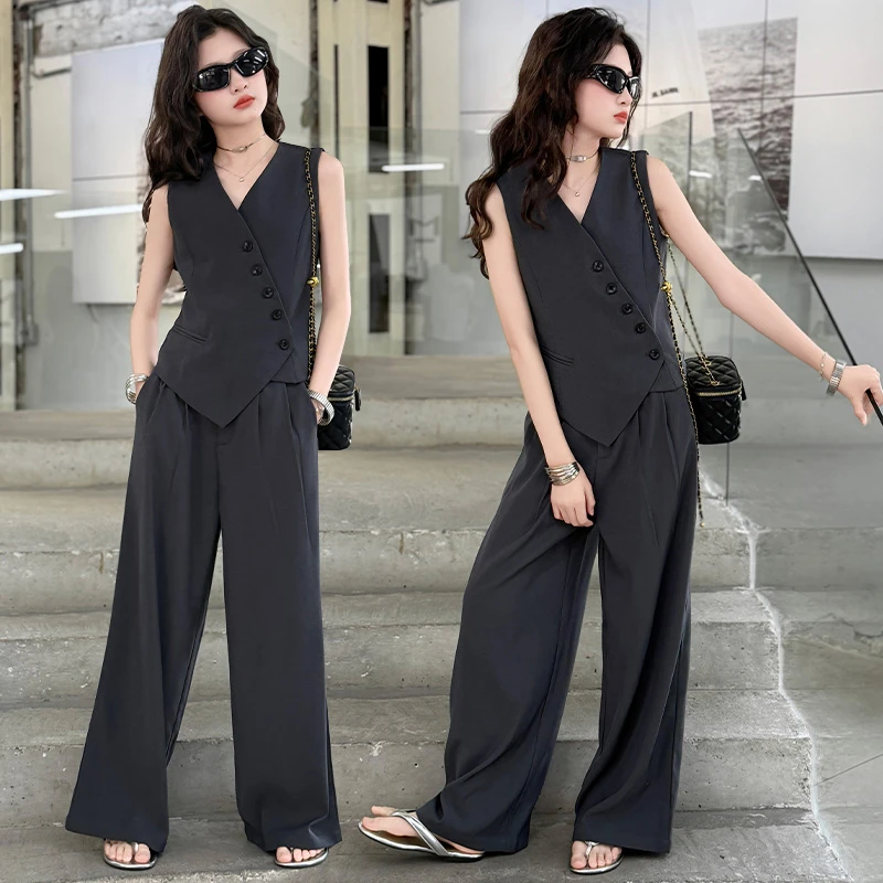 女童夏季高级感气质西装套装2025新款女大童洋气背心阔腿裤两件套