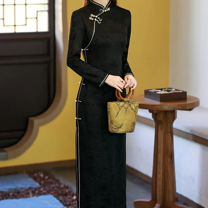 〔墨妤S-91〕黑色旗袍长款加绒厚款高腰显瘦气质国风旗袍长袖连衣裙