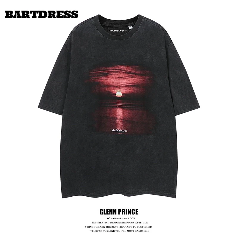 BAR新款欧美高街落日印花圆领短袖T恤做旧男夏季宽松纯棉半袖衫