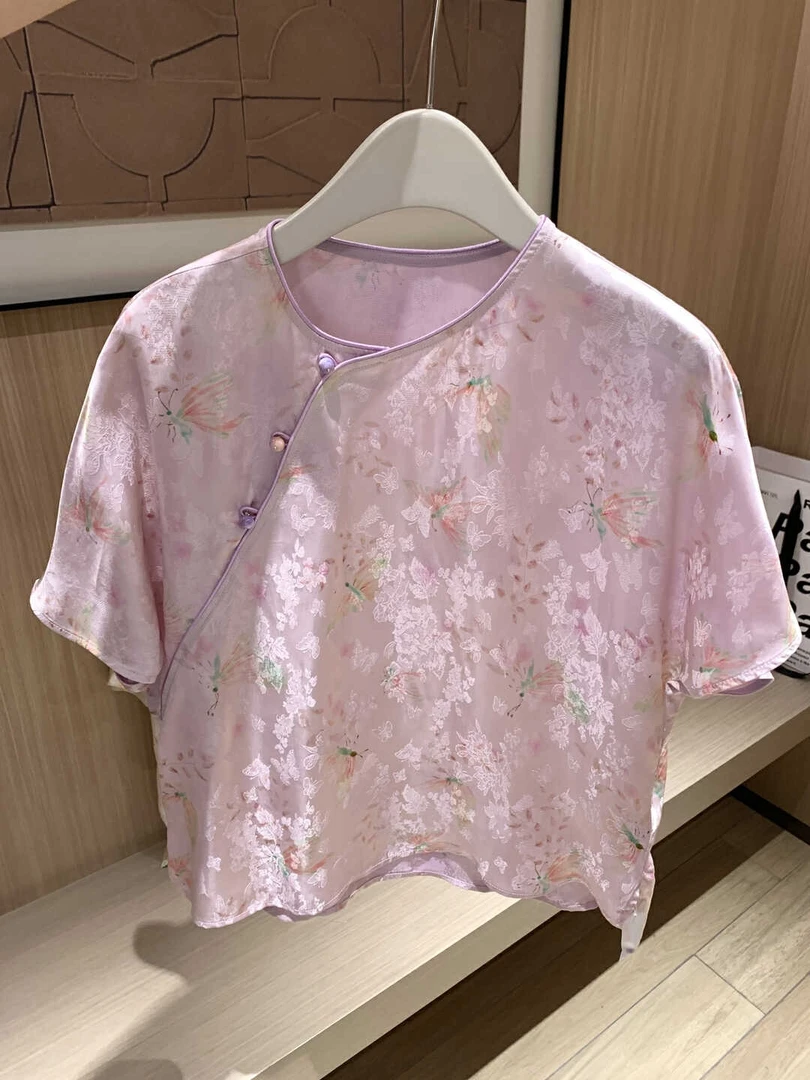 1501圆领薄款碎花提花斜襟立领上衣国风衬衣双层花色山系