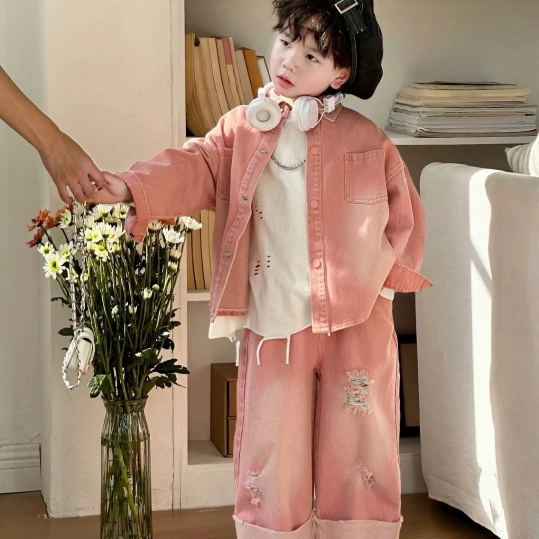 儿童水洗牛仔套装春季新款韩版男女童时尚洋气外套破洞裤子两件套