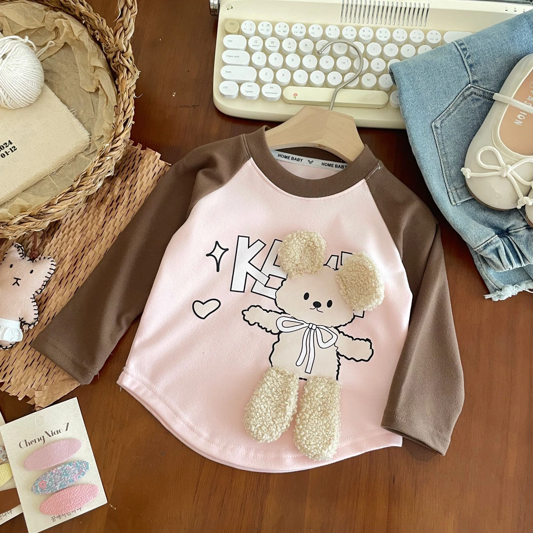 【品牌清仓】女童新款秋冬小熊长袖打底衫绣花上衣女孩圆领打底衫