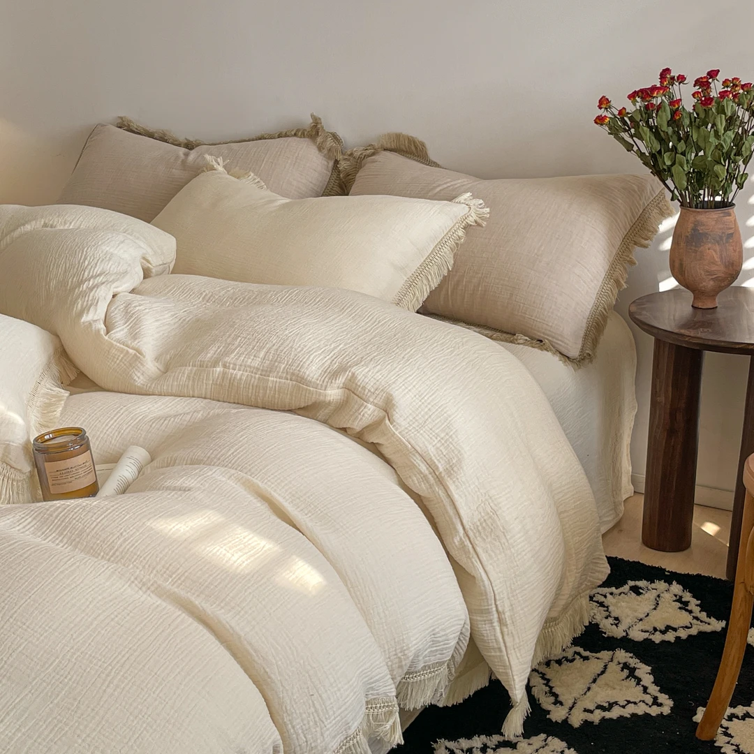 POCKET PIG/布袋猪纯棉纯色简约全棉双层【皱皱纱】法式流苏款套件