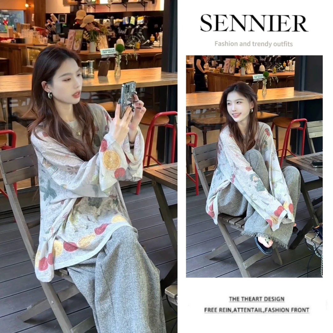 时尚穿搭女2025夏季新款韩系趣味印花宽松长袖毛边休闲裤两件套装