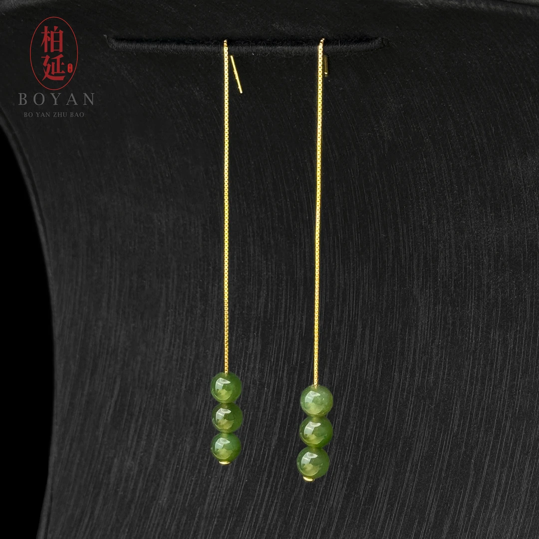 【柏延】正品和田玉碧玉耳饰耳线女款时尚百搭简约精致新中式HT0497