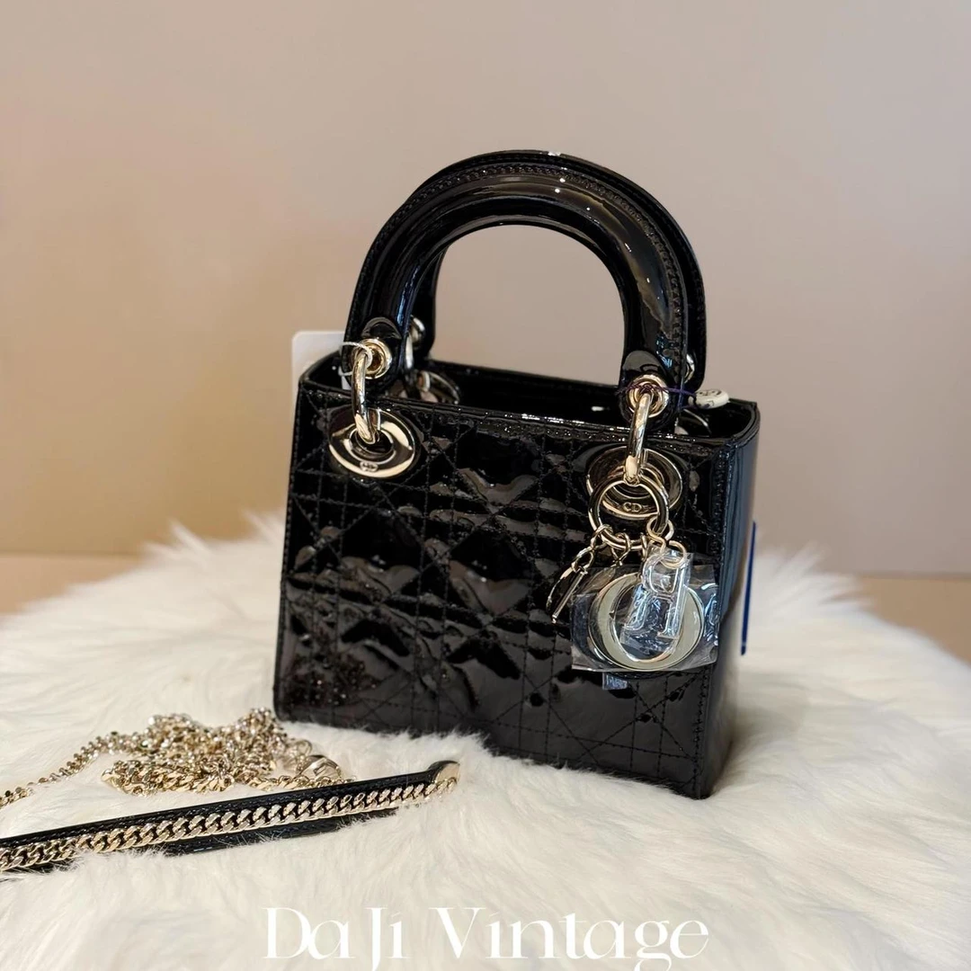 99新 DIOR/迪奥 大吉中古/Dior迪奥黑金漆皮三格戴妃斜挎包