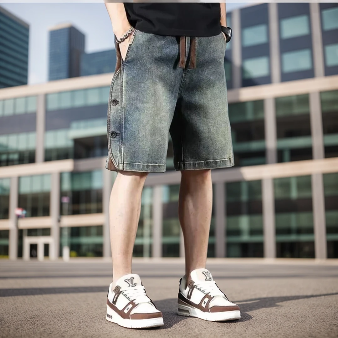 美式复古牛仔短裤男夏季新款透气宽松大码五分裤潮牌痞帅休闲中裤