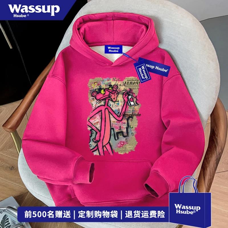 WASSUP HSUBE潮牌粉红豹涂鸦印花连帽卫衣男女秋冬宽松复古风上衣
