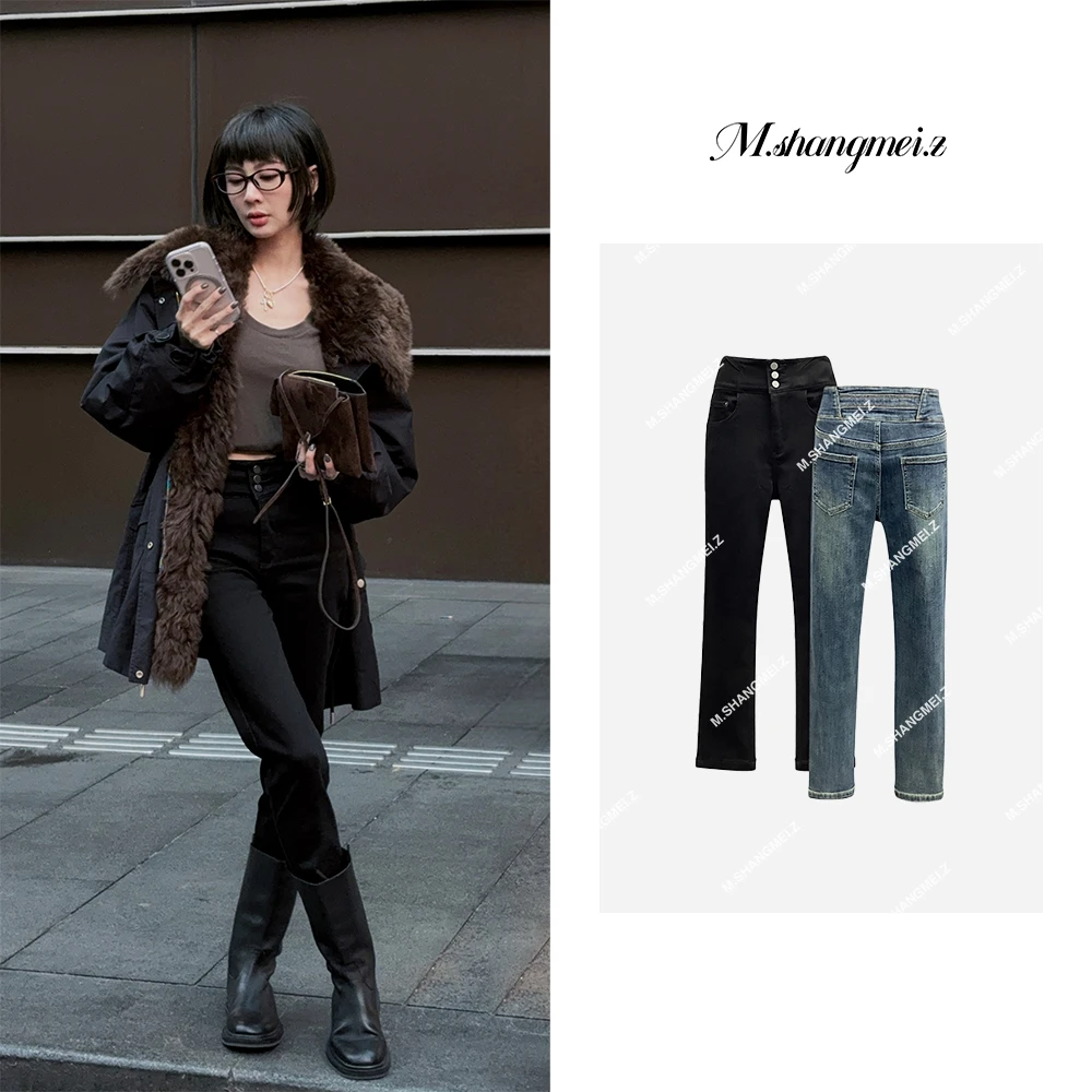 M.SHANGMEI.Z/沐熙美大哥推荐修身穿搭时尚设计师加绒牛仔裤x0924