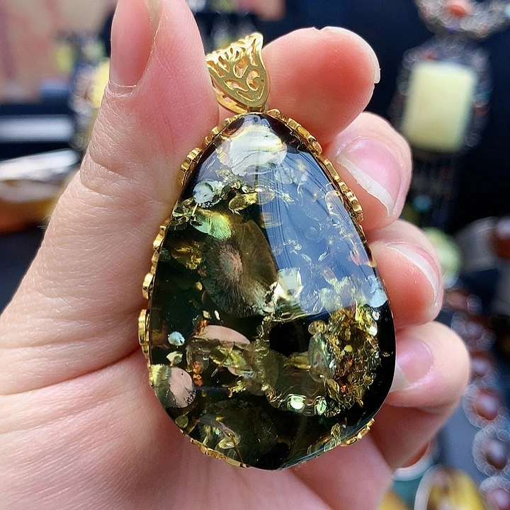 琥珀裸石银S925镶嵌坠