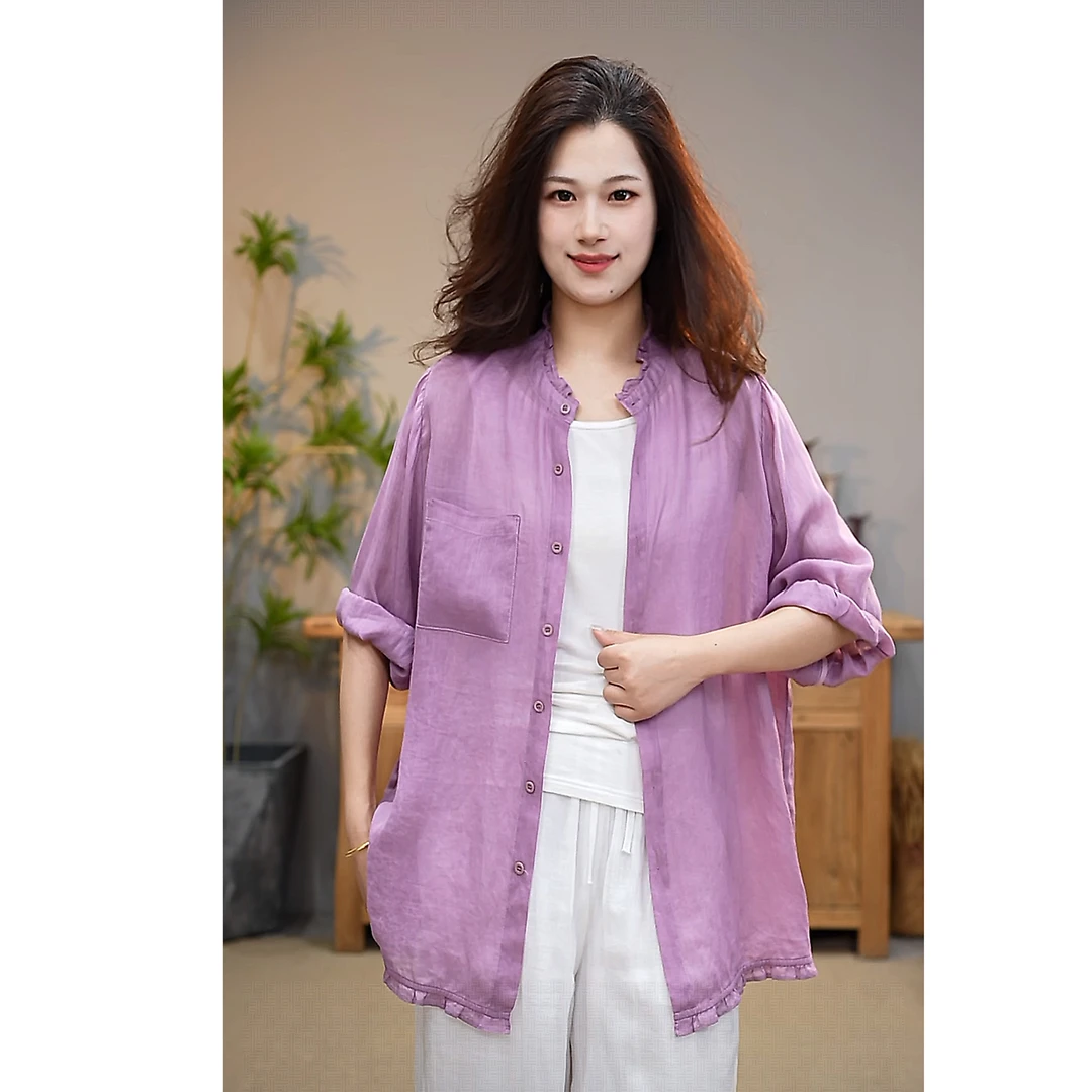 九月阿布100%苎麻木耳边衬衫夏季大码文艺百搭显瘦七分袖上衣6035