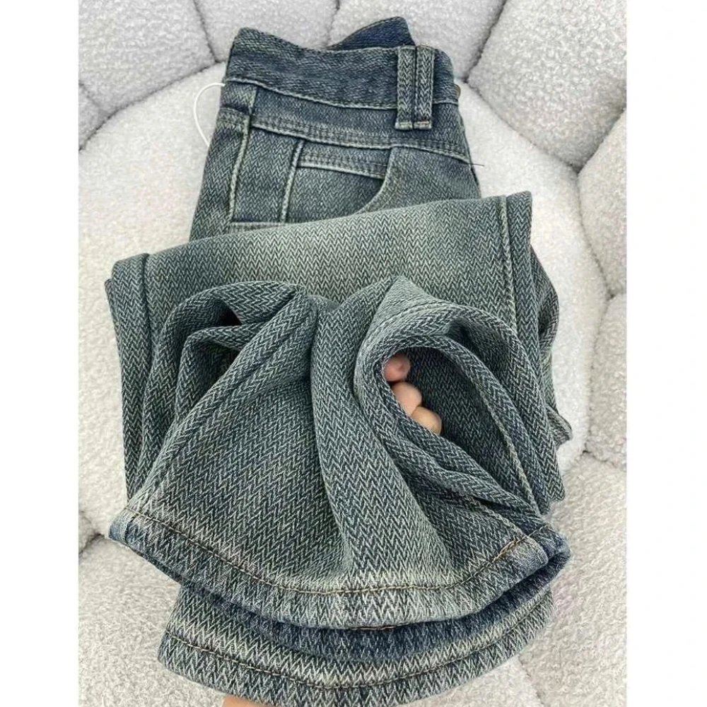 d高腰星空纹潮流直筒牛仔裤女秋冬加绒遮胯牛仔裤高级宽松窄版裤